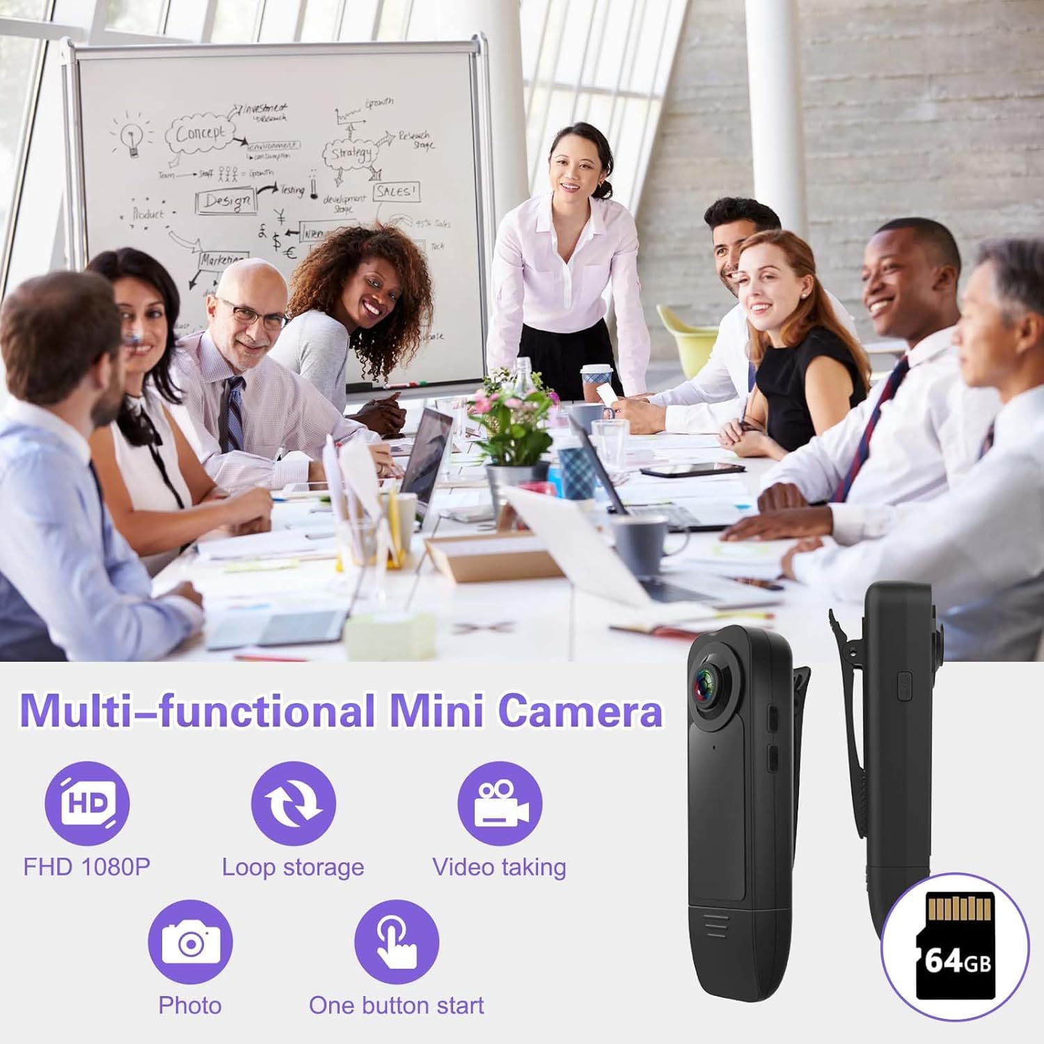 Mini caméra corporelle 1080p avec audio et vidéo avec carte mémoire de 64 Go de stockage en boucle pour la randonnée, la marche, les voyages