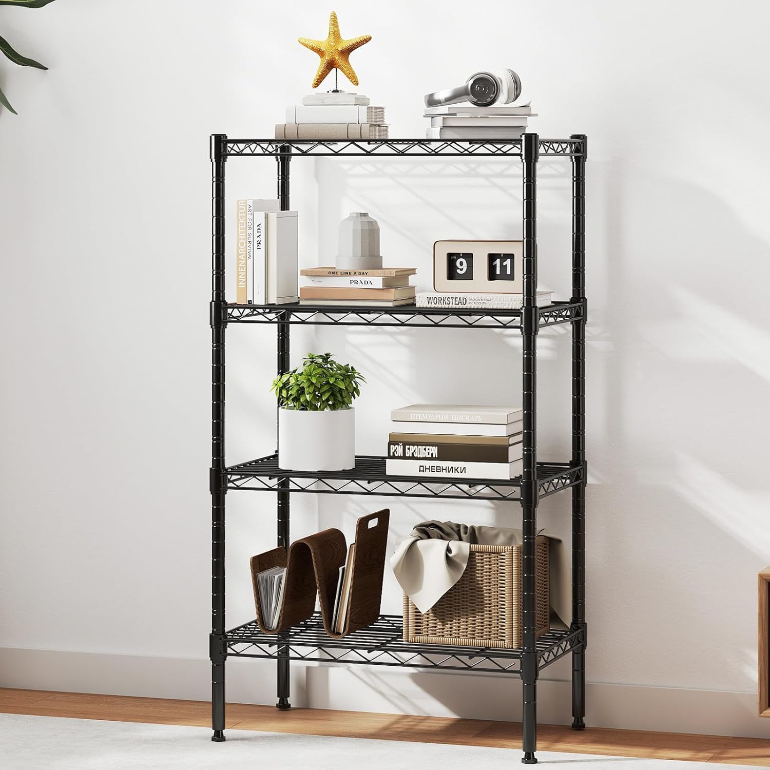 HealSmart 4-Tier Metal Wire Storage Shelves, Adjustable Standing Storage Rack Shelf, Heavy Duty Steel Shelving Unit Organizers for Kitchen Bathroom Pantry Garage, 23.3" W×13.4" D×47" H, Black