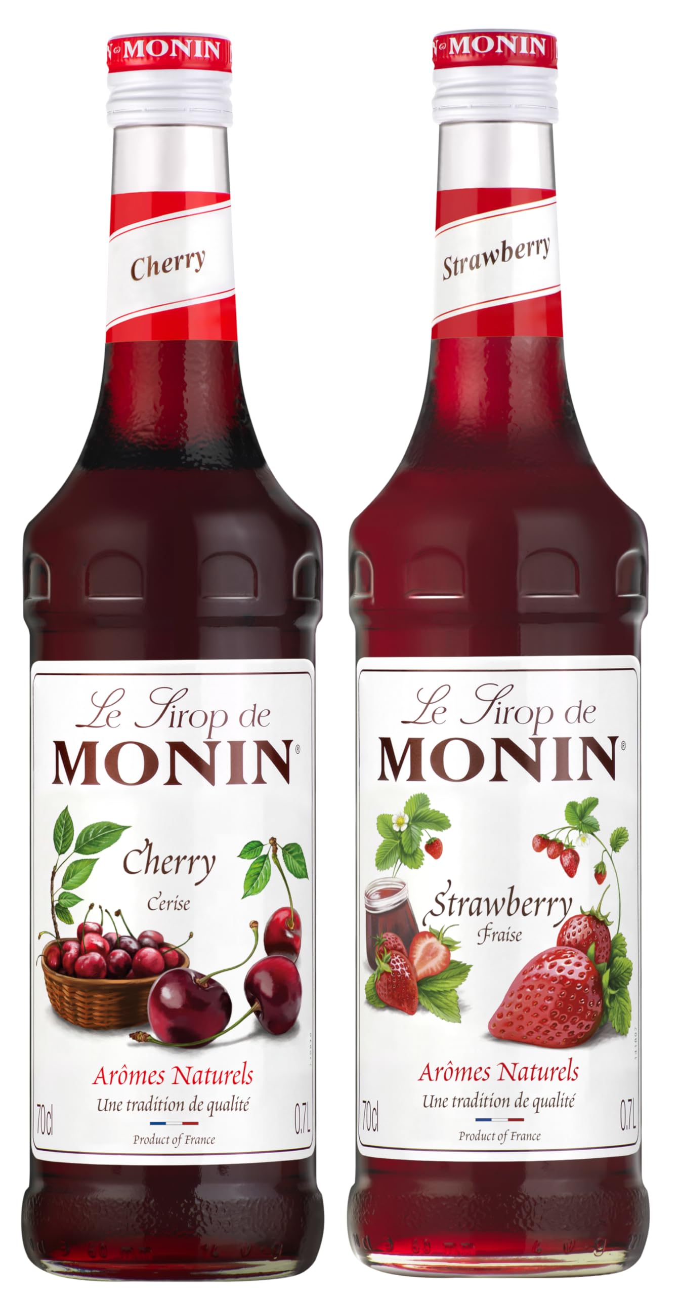 MONIN - Assortiment de Fruits Rouges de Sirop de Cerise et de Sirop de Fraise pour Cocktail pétillant, Cocktail, Thé Glacé et Limonade - Arômes Naturels - 2 * 70cl