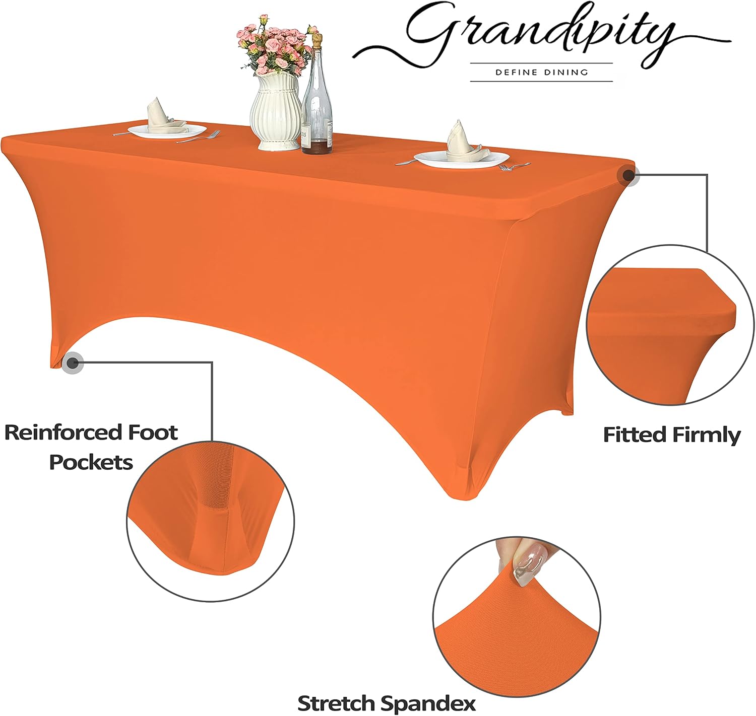 Grandipity 4ft Stretch Spandex Table Cover for Standard Folding Tables Universal Rectangular Fitted Tablecloth Protector for Wedding Banquet Party Orange, 1 Pc, 48 Length x 24 Width x 30 Height Inches
