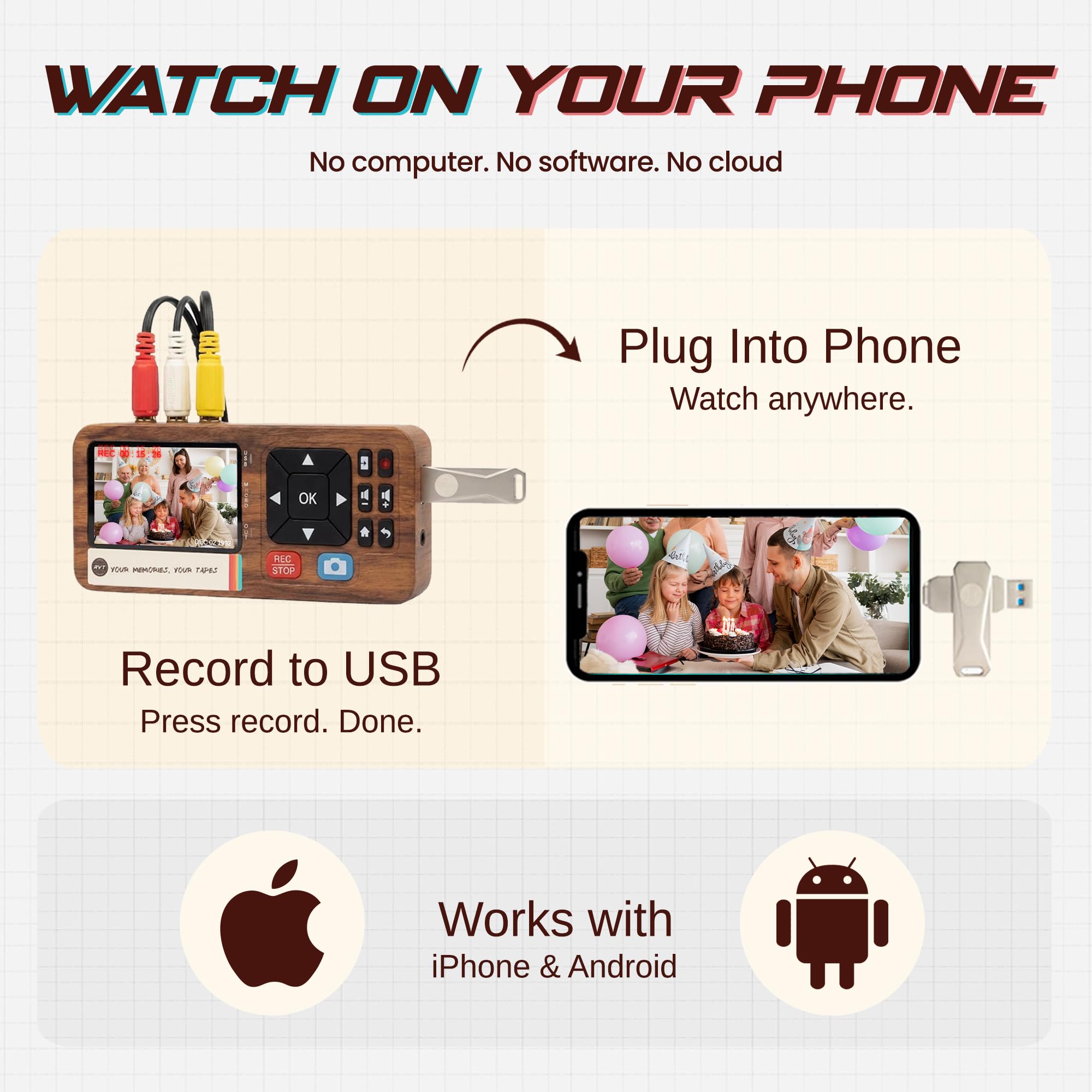 RVT Digitizer 3.0 – VHS-zu-Digital-Konverter | Konvertiert VHS sofort in Telefon und TV | funktioniert mit iPhone & Android USB-C | kein Computer erforderlich | inklusive 32 GB USB, Bildschirm