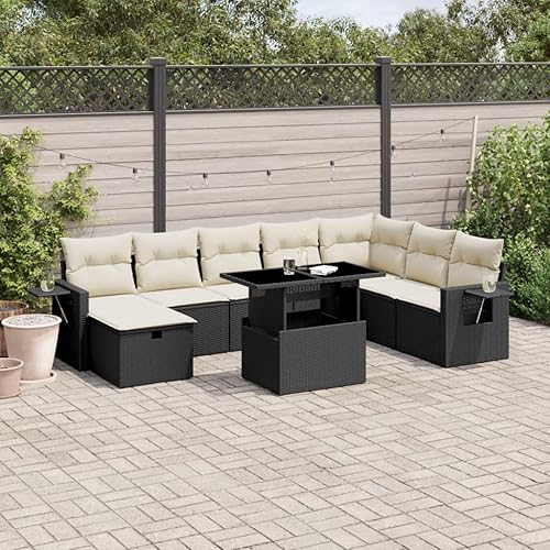 Miniatura 10 de 9-Piece Garden Sofa Set in Black and Cream White, Modern Outdoor Furniture with Weather-Resistant PE Rattan and Comfortable Cushions, Modular