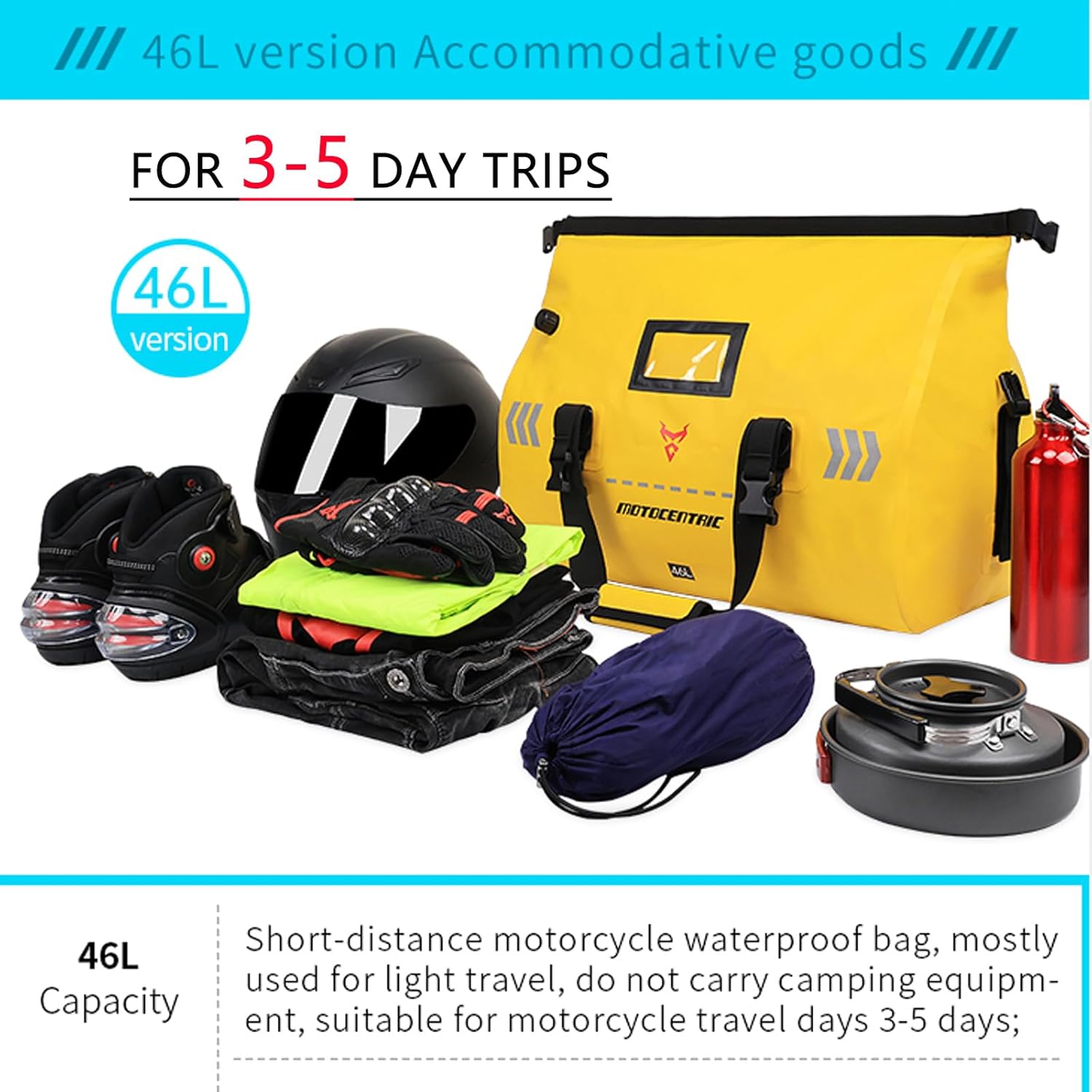 46L Motorcycle Luggage, Waterproof Roll-Top Motorcycle Bag for Long Distance Travel & Camping & Accommodates Musical Instruments, 500D PVC Heavy Duty Dry Bag with Air Valve & Shoulder Straps (Black)