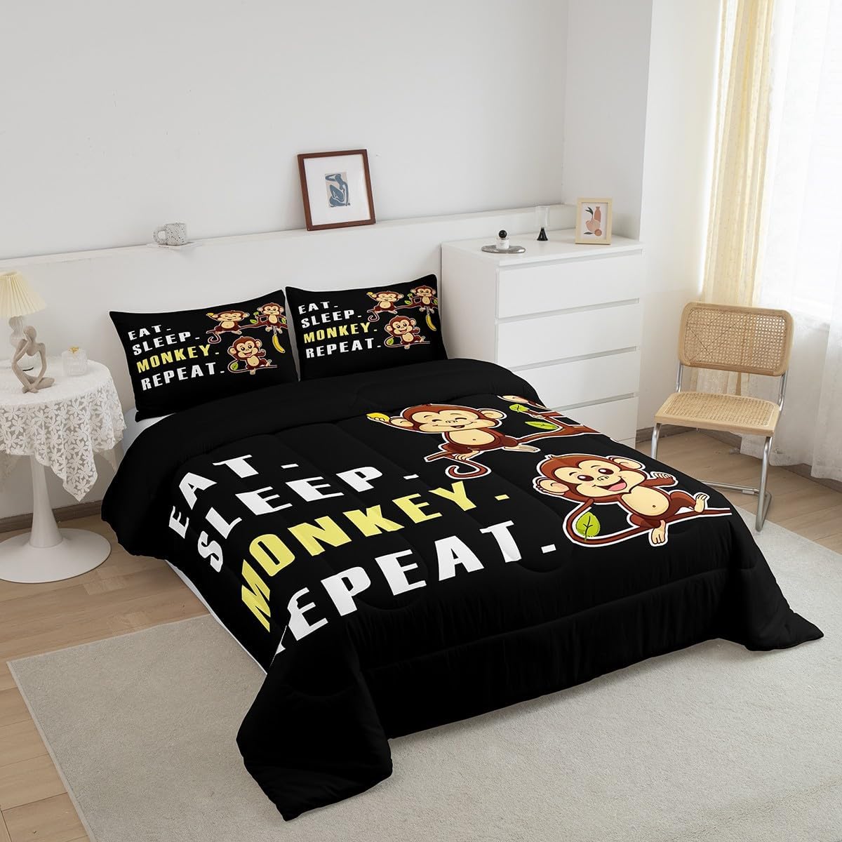 Feelyou Monkey Comforter Set Cute Kawaii Animal Toddler Bedding Bed Set for Kids Boys Girls Eat Sleep Monkey Theme Design Comforter Lovely Animals Quilt Set Bedroom Collection 2Pcs Twin Size