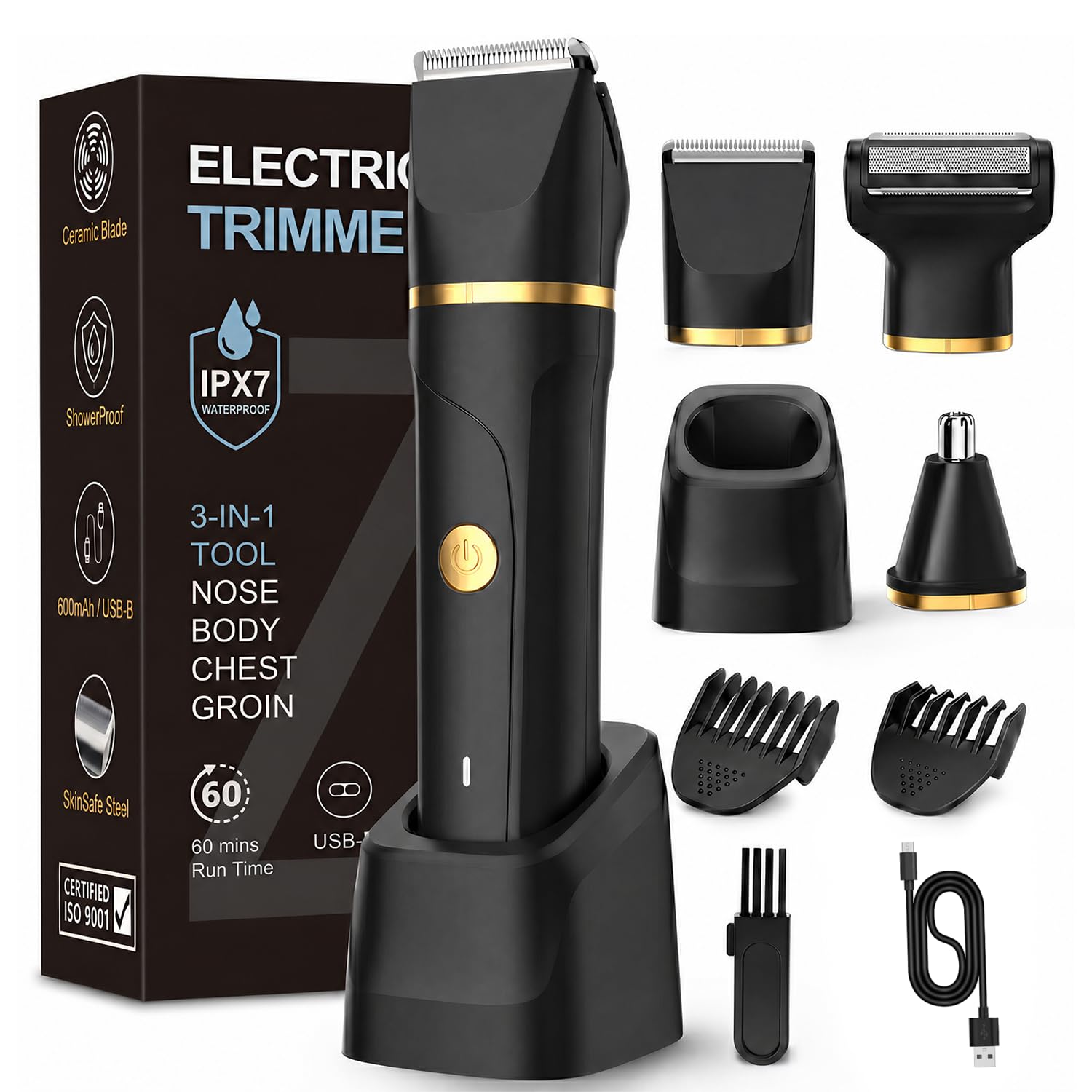 Manscape, rasoio elettrico 3 in 1, rasoio elettrico per inguine, IPX7, impermeabile, per bagnato/asciutto, versatile per palla/barba/naso, ricaricabile tramite USB, per naso e naso, regalo di Natale