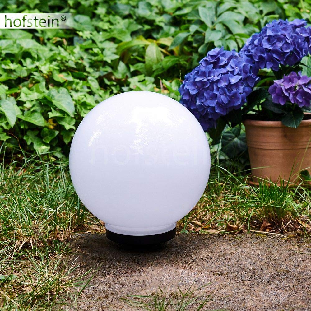 Boule lumineuse solaire LED Campinas en plastique blanc étanche, potelet de jardin de Ø 25 cm avec pieu de fixation, interrupteur on/off, 3000 Kelvin (blanc chaud)