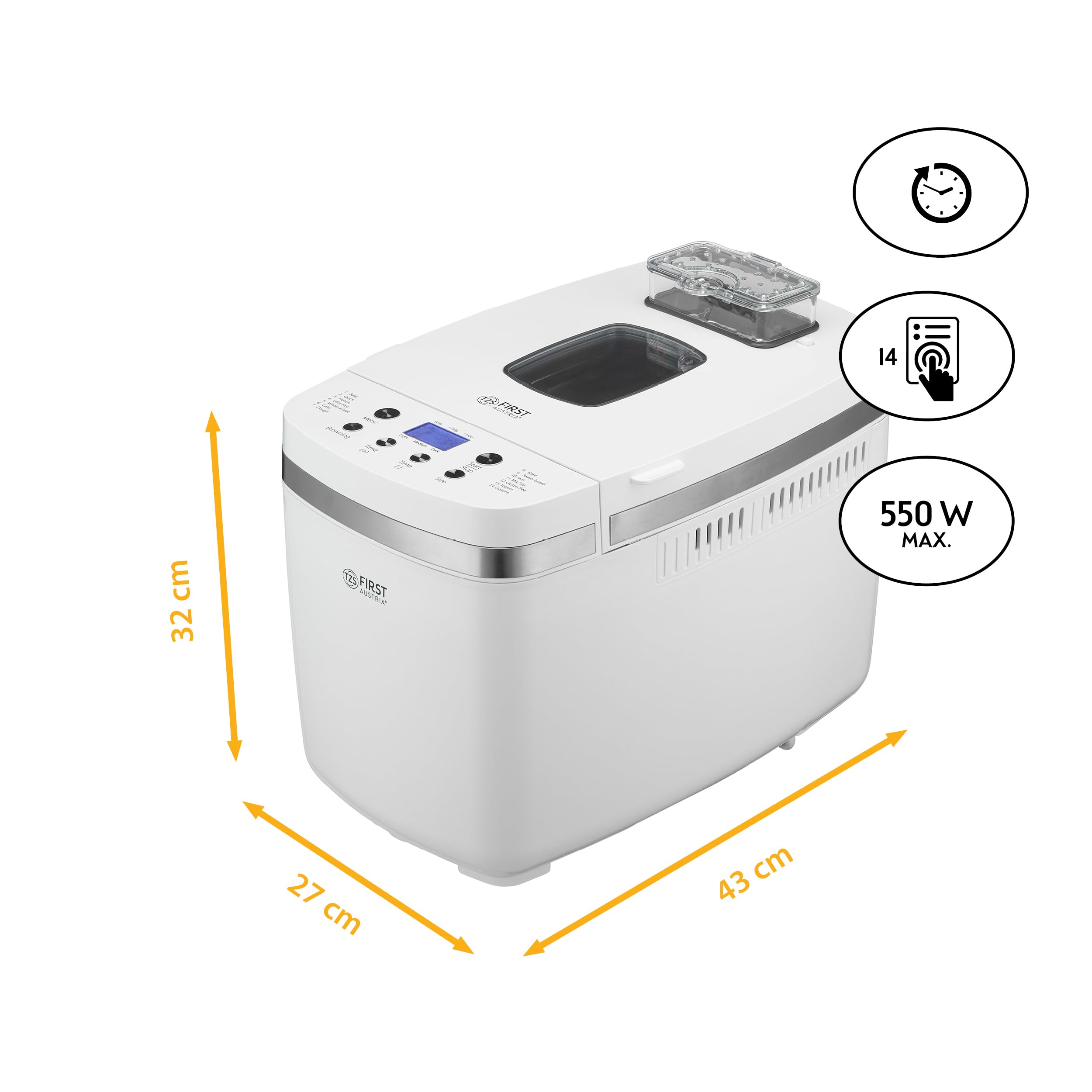 Machine à Pain 850W First Austria 14 Programmes Automatiques 900g 1350g Dorement Réglable Minuterie Maintien au Chaud