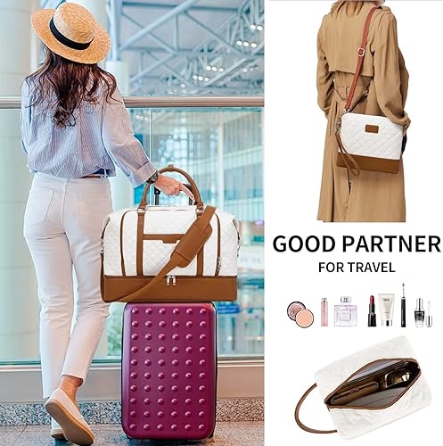 Miniatura 3 de Bolsa de fin de semana, bolsa de viaje grande para mujer, bolsa de mano con compartimento para zapatos y bolsas de aseo, Blanco (White-Brown),
