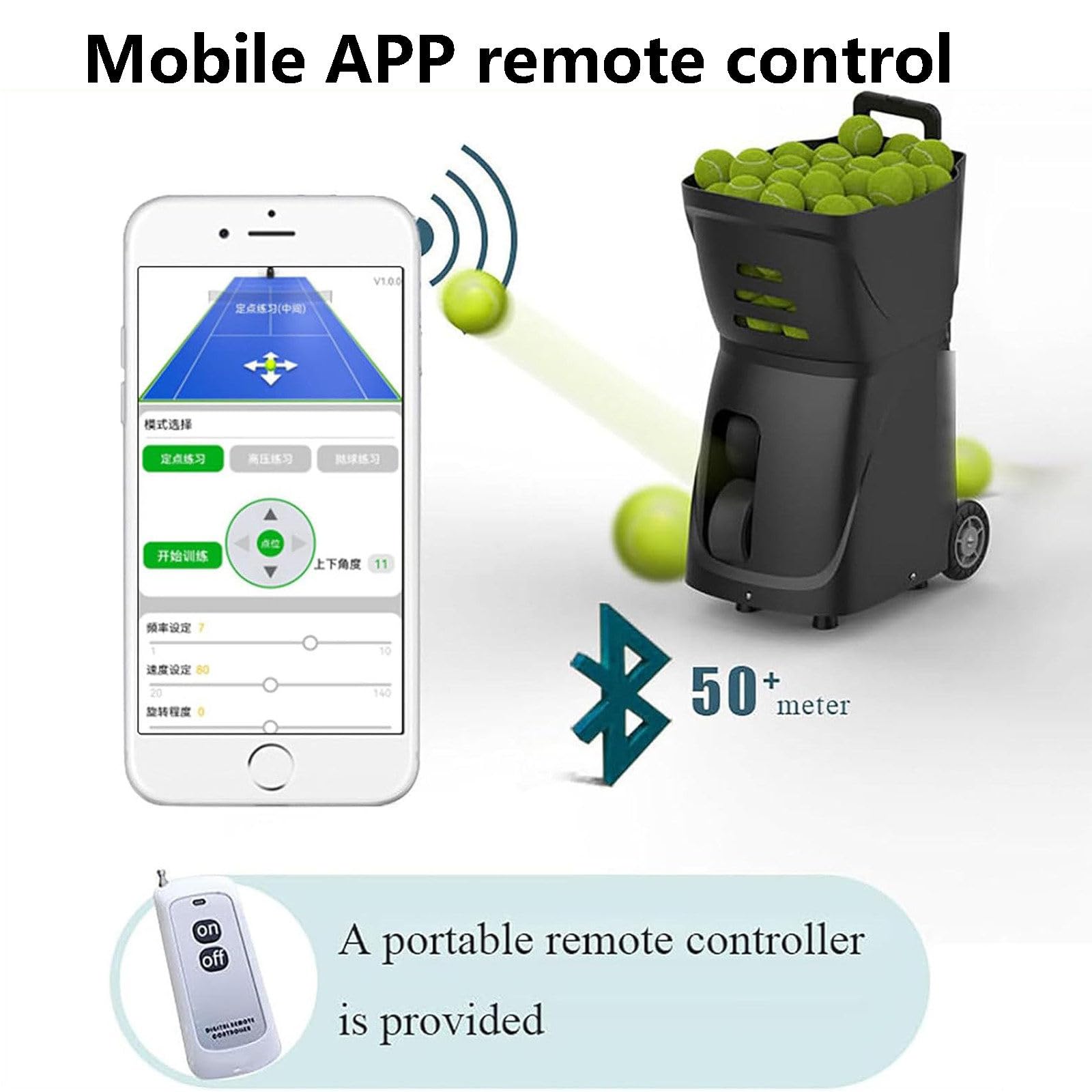 Macchina portatile per palline da tennis, lancio automatico di palline con telecomando e app, angolo di lancio regolabile, ideale per l'allenamento da soli