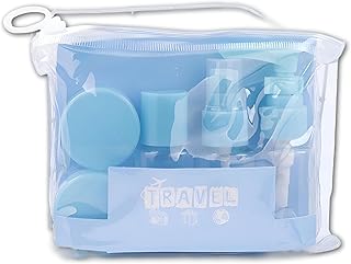 حاويات مستحضرات التجميل الصغيرة - مجموعة منظم للسفر من 5 قطع، زجاجات بلاستيكية صغيرة فارغة قابلة لاعادة الملء والضغط، وعاء كريم لمنتجات التجميل وأدوات التجميل مع حقيبة حمل - متعددة الالوان (لون ازرق)