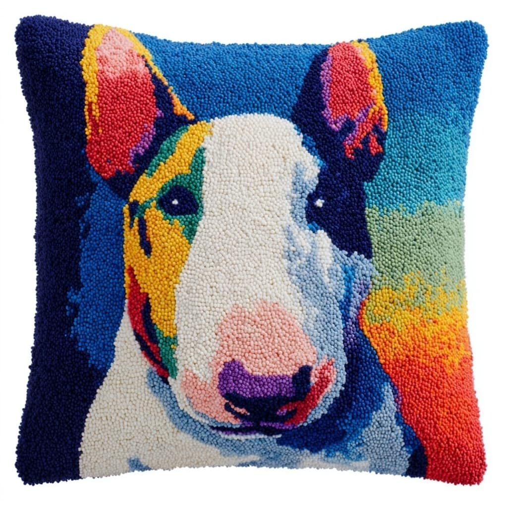 Henypt 43x43cm Latch Hook Pillow Craft Kit,Bull Terrier Animal Dog