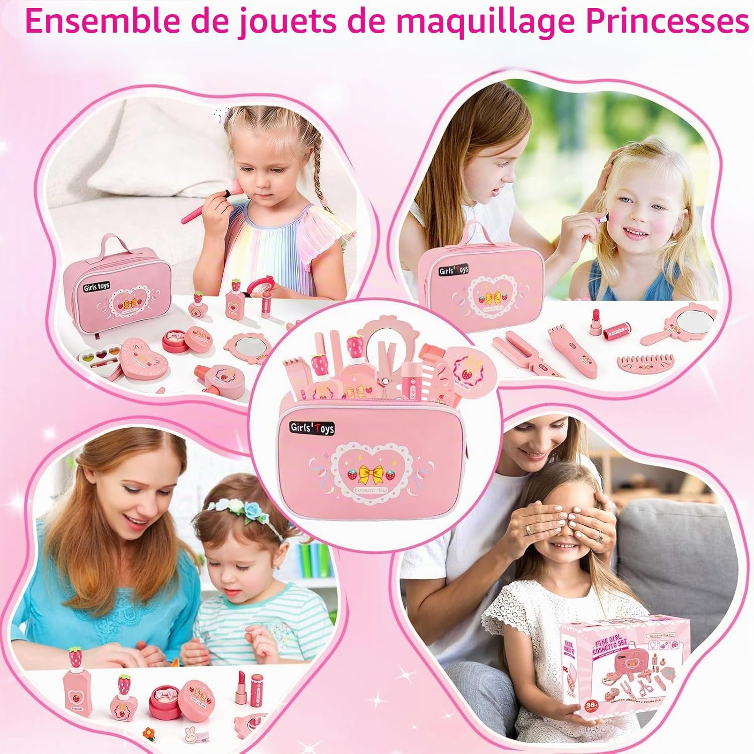 Maquillage Enfant Fille en Bois,Maquillage Bois Enfant Maquillage Enfants en Boises,Maquillage pour Filles,Faux Coffret Jouet,Trousse de Maquillages Cadeau d'anniversaire pour Filles 3+ Ans