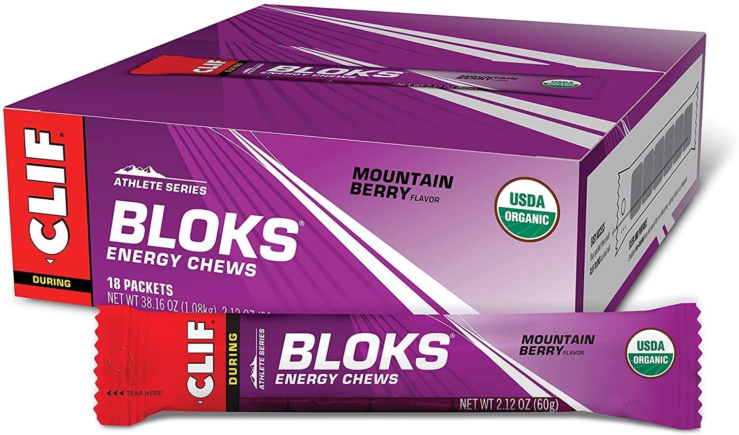 Clif BLOKS - Energy Chews - Mountain Berry - Non-GMO - Plant Based Food - Fast Fuel for Cycling and Running -Workout Snack(2.1 Ounce Packet, 18 Count)