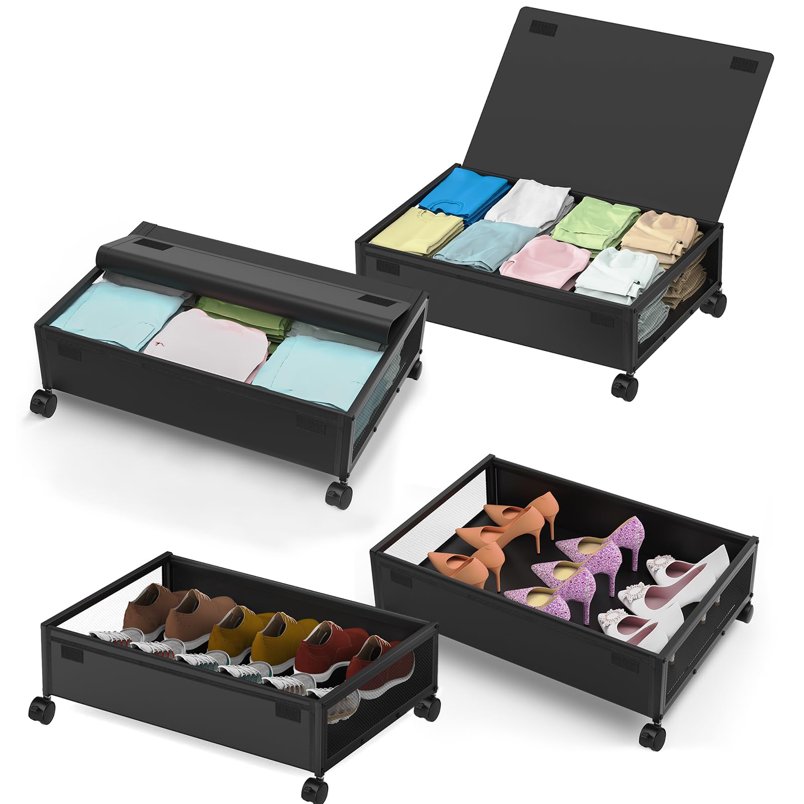 MixcMax Under Bed Storage with Wheels - Rolling Underbed Storage Containers with Lid, Metal Under Bed Shoe Storage Organizer Drawer, Underbed Storage Bins for Clothes Toys Books (4Pack, Black)
