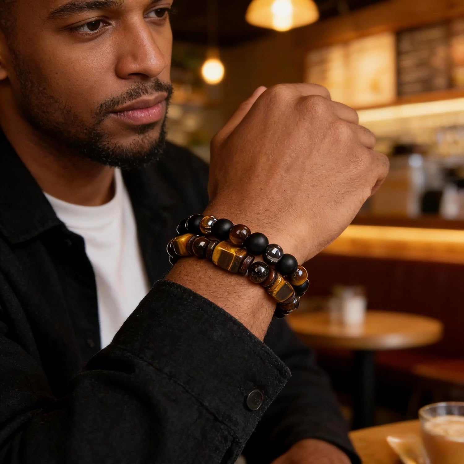LINGYUAN Tiger’s Eye Bracelet for Men, Adjustable Bracelet for Strength, Focus & Protection