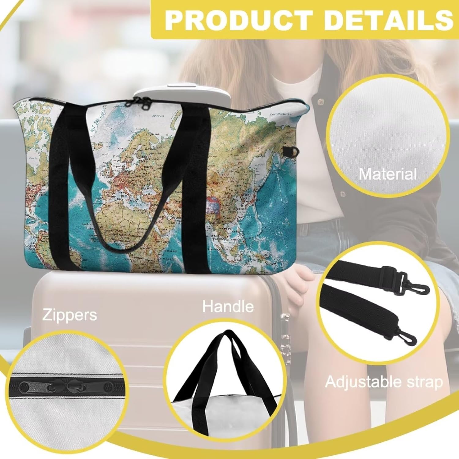 World Map Print Carry on Bag for Travel Workout Lightweight Artsy Novelty Duffle Bags Large Capacity for Women Men
