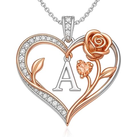 Bestelly Customized A-Z Christmas Gifts for Women - 925 Sterling Silver Personalized Heart Initial Necklaces, Birth Flower & Stone Jewelry Anniversary Birthday Gifts for Women Wife Mom