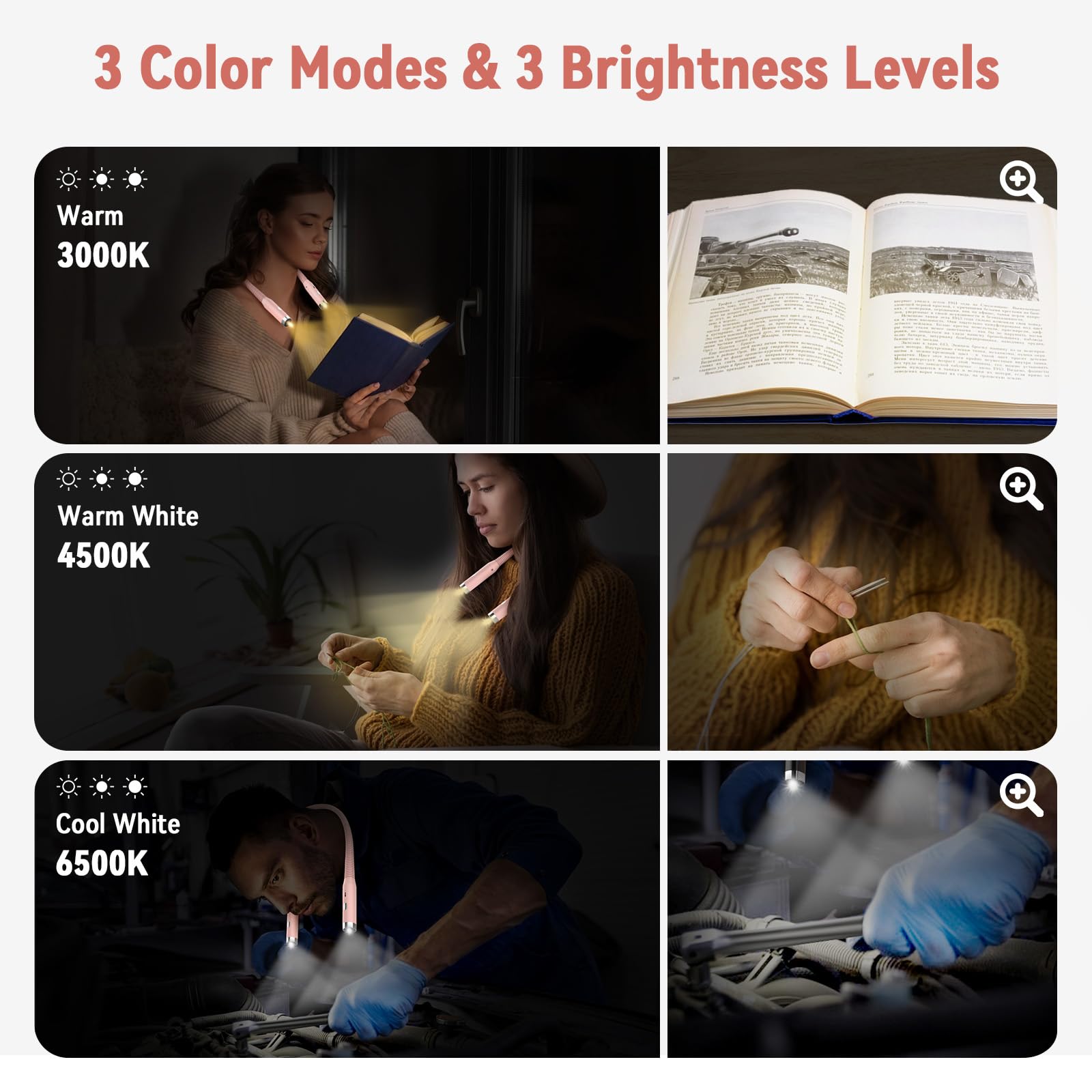 Diboniur Luz de Lectura Cuello, USB Lampara Recargable LED, 3 colores y 3 niveles de brillo ajustables, Luz para Leer libros en la Cama, Perfecto para viajar, tejer, acampar（rosa）