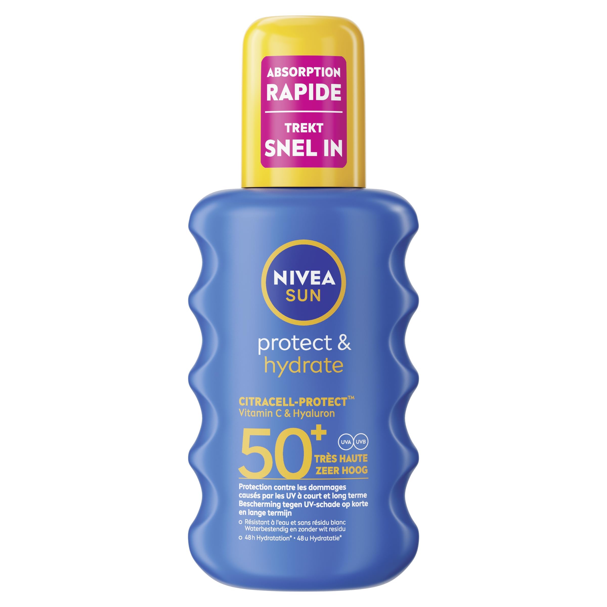 NIVEA SUN Spray Solaire Protect & Hydrate SPF 50+ 200 ml — Crème Solaire résistante à l'eau — Protège et Hydrate — Haute Protection Visage et Corps