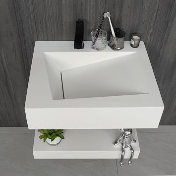 24x19" Wall-Mount Stone Resin Bathroom Sink Rectangular Vessel Sinks for Bathroom Floating Vanity Sink Trough Modern Art Basin with Shelf Layer