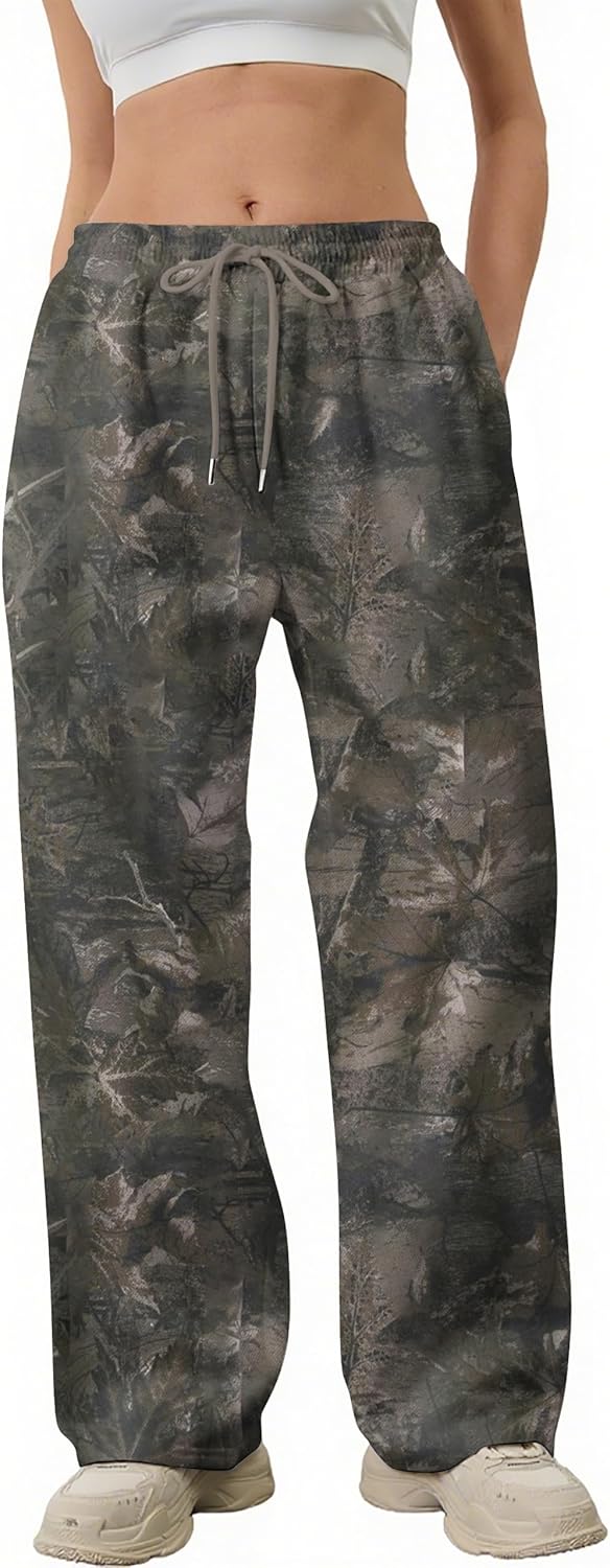 Camo Pants Women Baggy Fleece Y2K Camouflage Cargo Pants High Waisted Wide Leg Drawstring Jogger Sweatpants