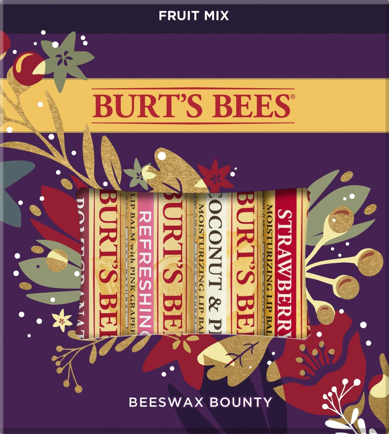 Burt’s Bees Holiday Gift, 4 Lip Balm Stocking Stuffer Products, Beeswax Fruit Set - Pomegranate, Sweet Mandarin, Coconut and Pear & Watermelon (Old Version)