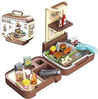 QEEHIR Kids Kitchen Playset,53 PCS Fast Food Briefcase Hamburger Store Play Food Sets for Kids Kitchen Toys Grocery Store Playset for Age 6-12