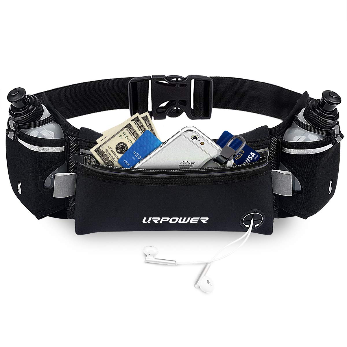 URPOWERUpgraded Running Belt with Water Bottle, Running Fanny Pack with Adjustable Straps, Large Pocket Waist Bag Phone Holder for Running Fits 6.5 inches Smartphones, Running Pouch (Black&Grey)