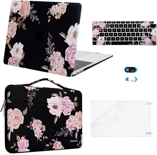 MOSISO Compatible with MacBook Air 13 inch Case 2022, 2021-2018 M1 A2337 A2179 A1932 Retina Display Touch ID, Plastic Peony Hard Shell &Bag &Keyboard Cover &Webcam Cover&Screen Protector, Black