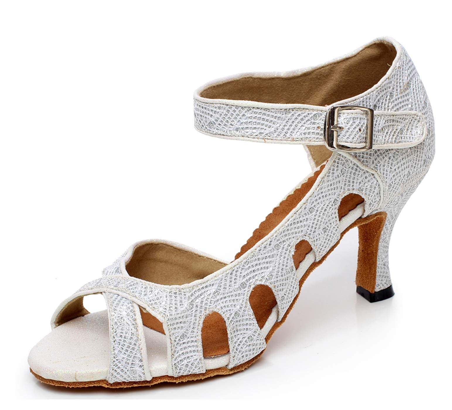 MINITOO Women's Style QJ6209 Cut Out Dance Shoes Single Strap Silver Mesh Salsa Latin Dance Shoes UK 8