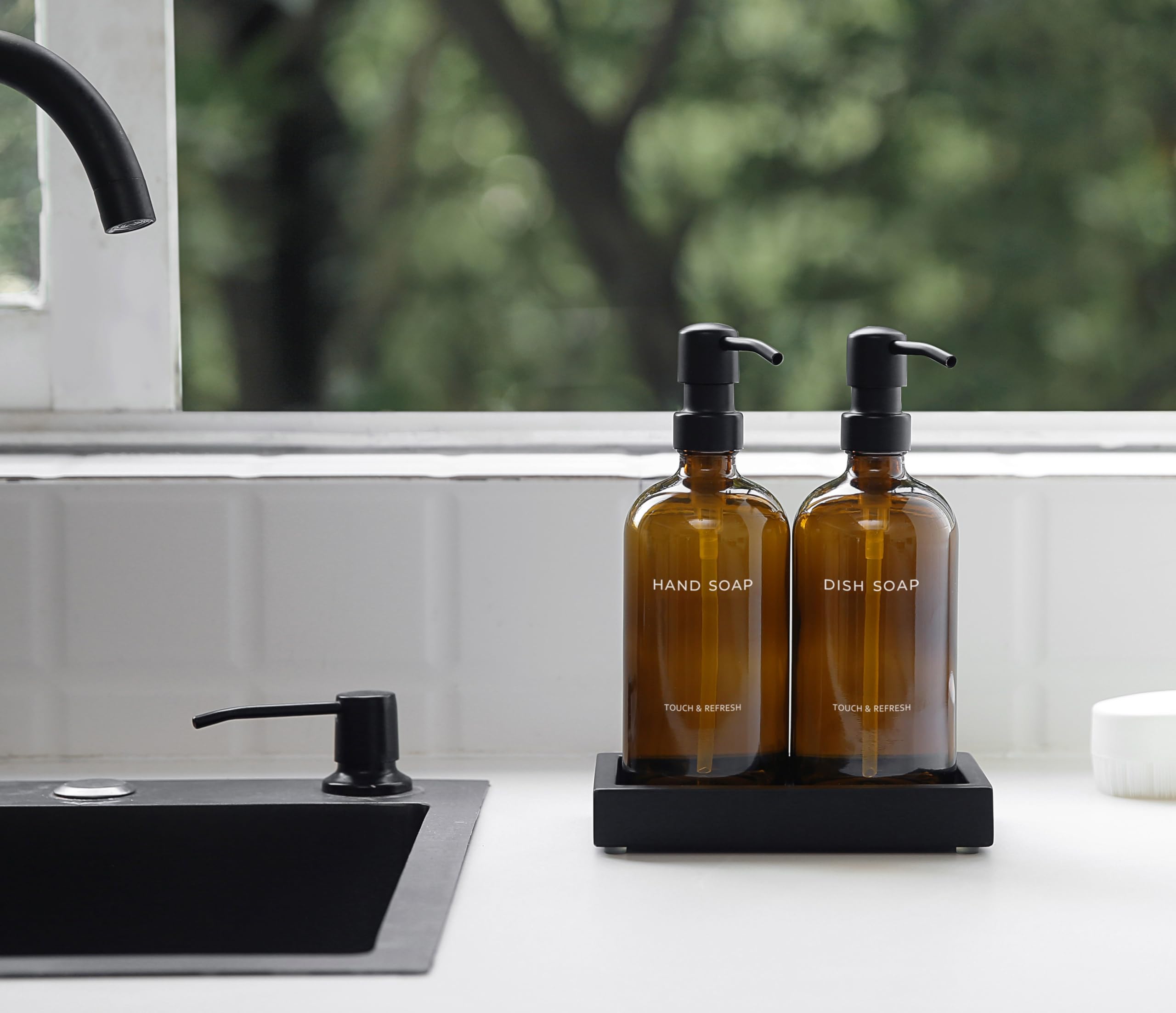 Kitchen Soap Dispenser Set with Tray - Hand and Dish Soap Dispenser for Kitchen,Modern Kitchen Decor & Accessories. (Amber) - Image 2