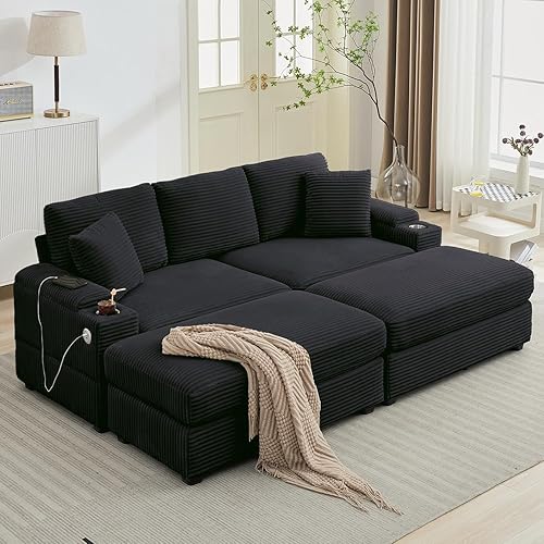 Miniatura 12 de Estupendo diván doble de gran tamaño para interiores, cómodo sofá de pana de 3 plazas, sofá modular de asiento profundo con juego otomano