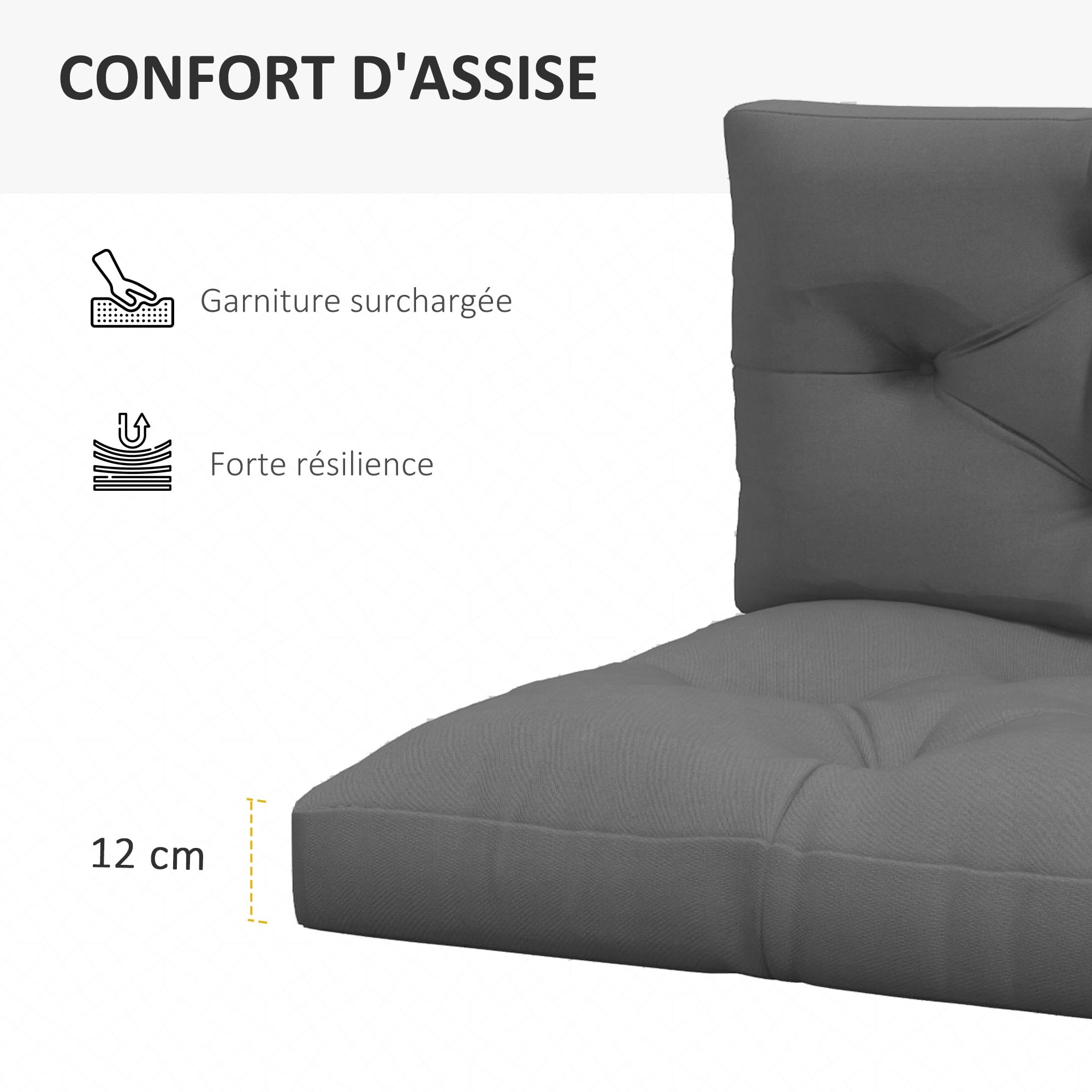 Outsunny Ensemble de 2 Coussins pour canapé Palette 2 Places Grand Confort dim. 120L x 80l x 12H cm Polyester Gris