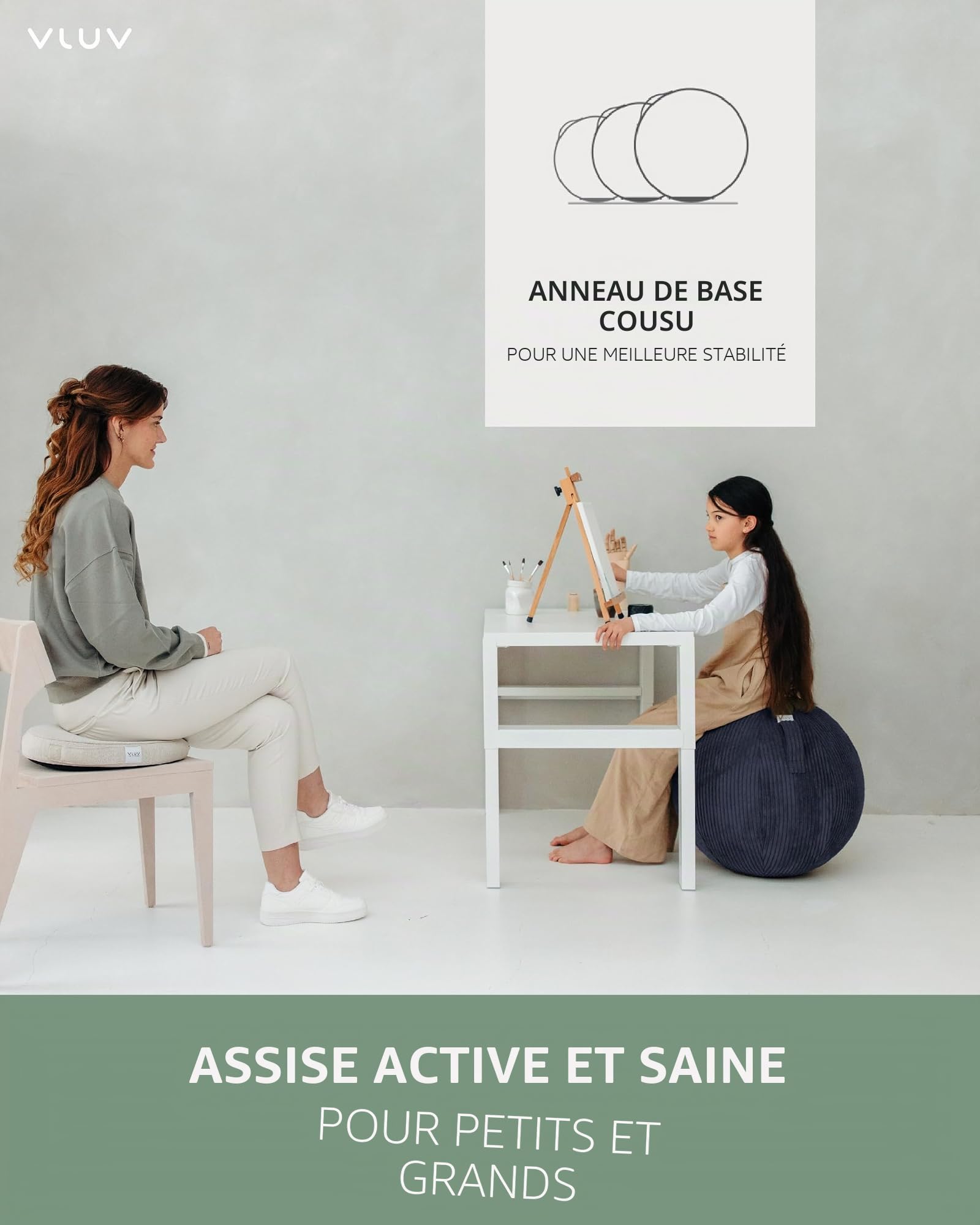 VLUV BOL VLIP Boule de siège ergonomique respirante avec poignée et protection anti-roulement, revêtement lavable pour grossesse 65 cm