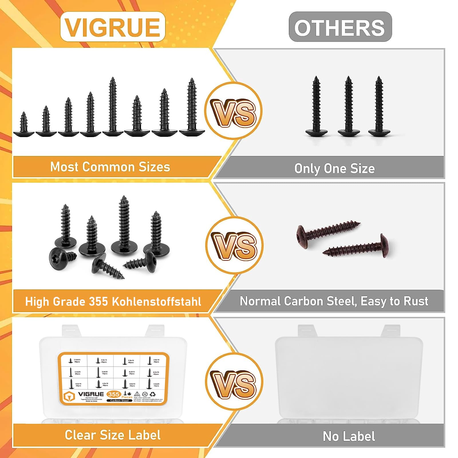 VIGRUE Pack of 355 self-tapping screws, self-tapping screws, body screws, drilling screws, flat head body screws - Image 4