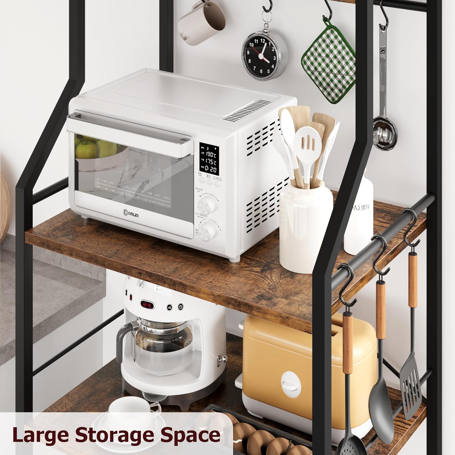 Garvee Mueble microondas Cocina con Gran Capacidad,Estantería 5 Niveles para Microondas de Cocina,con 6 Ganchos para Especias y Organizador de Ollas,60 * 40 * 146 cm(Marrón)