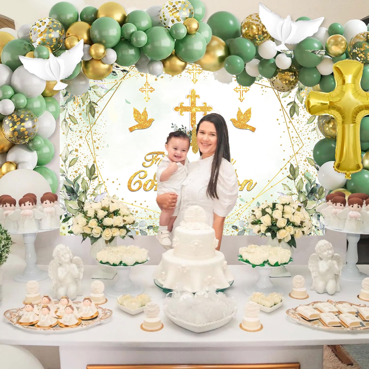 Fond de première communion, fond vert pour le baptême, bénédiction divine, croix dorée, feuilles vertes, fête de bébé neutre, décoration, fond (240 x 180 cm)