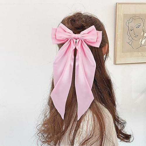 Miniatura 3 de 2 pinzas para el cabello con lazo grande, pasadores sedosos de satén para mujeres y niñas, lazos franceses de cola larga color rosa fucsia para