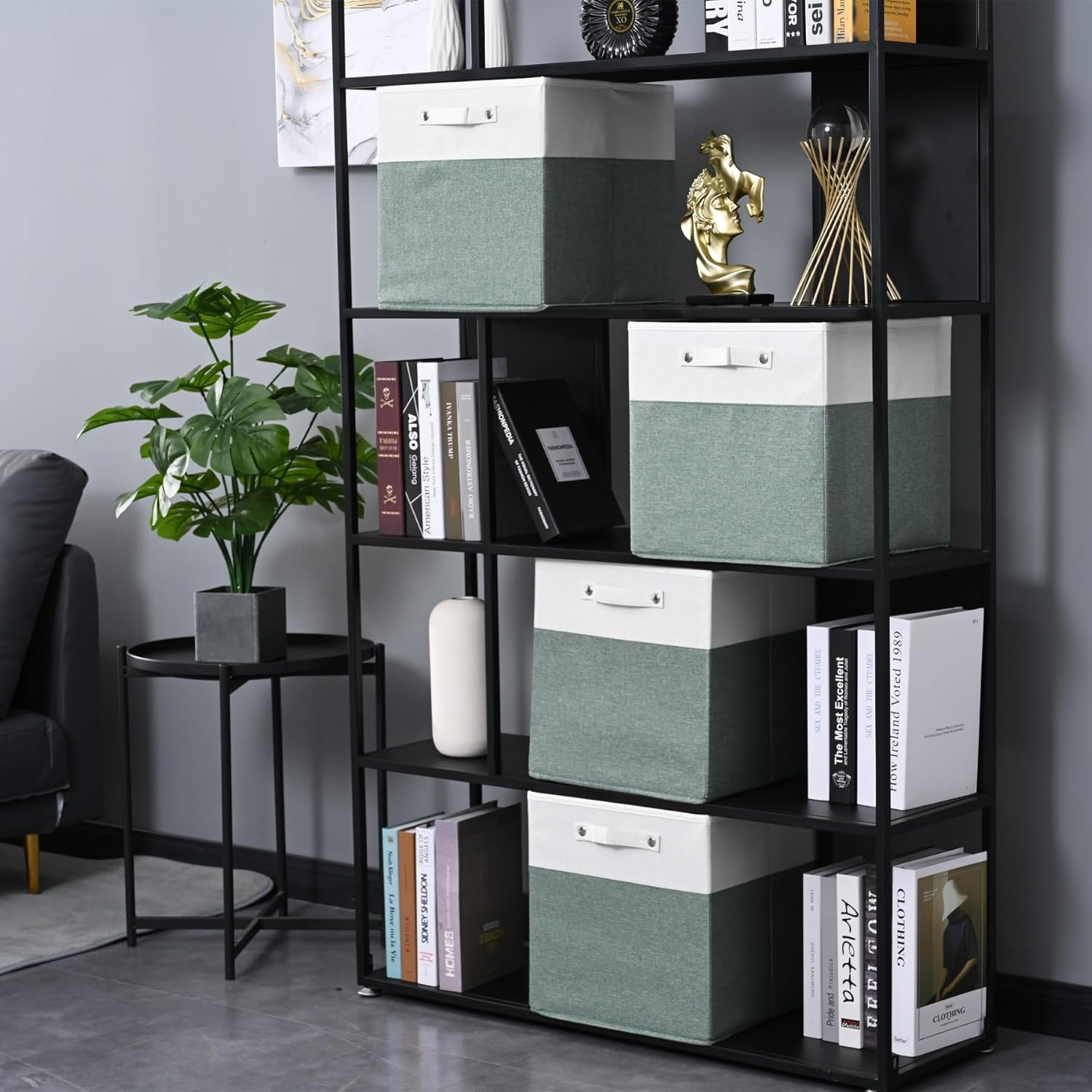 13 x 13 Inch Fine Linen Storage Bins with Handles，Fabric Cube Boxs，Collapsible Basket Organizers for Shelves for Home, Closet Drawers (White/Green-4 Pack )