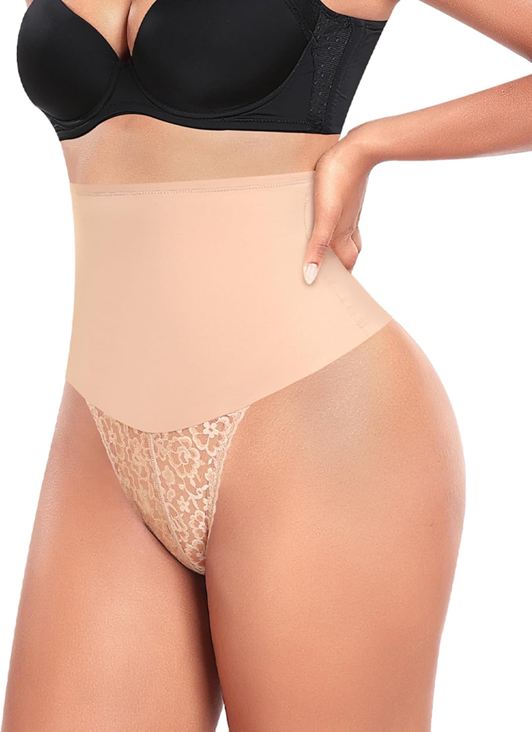 Werena Tummy Control Thong Shapewear for Women Mid High Waisted Body Shaper Underwear Lace Shaping Thong Girdle Panties