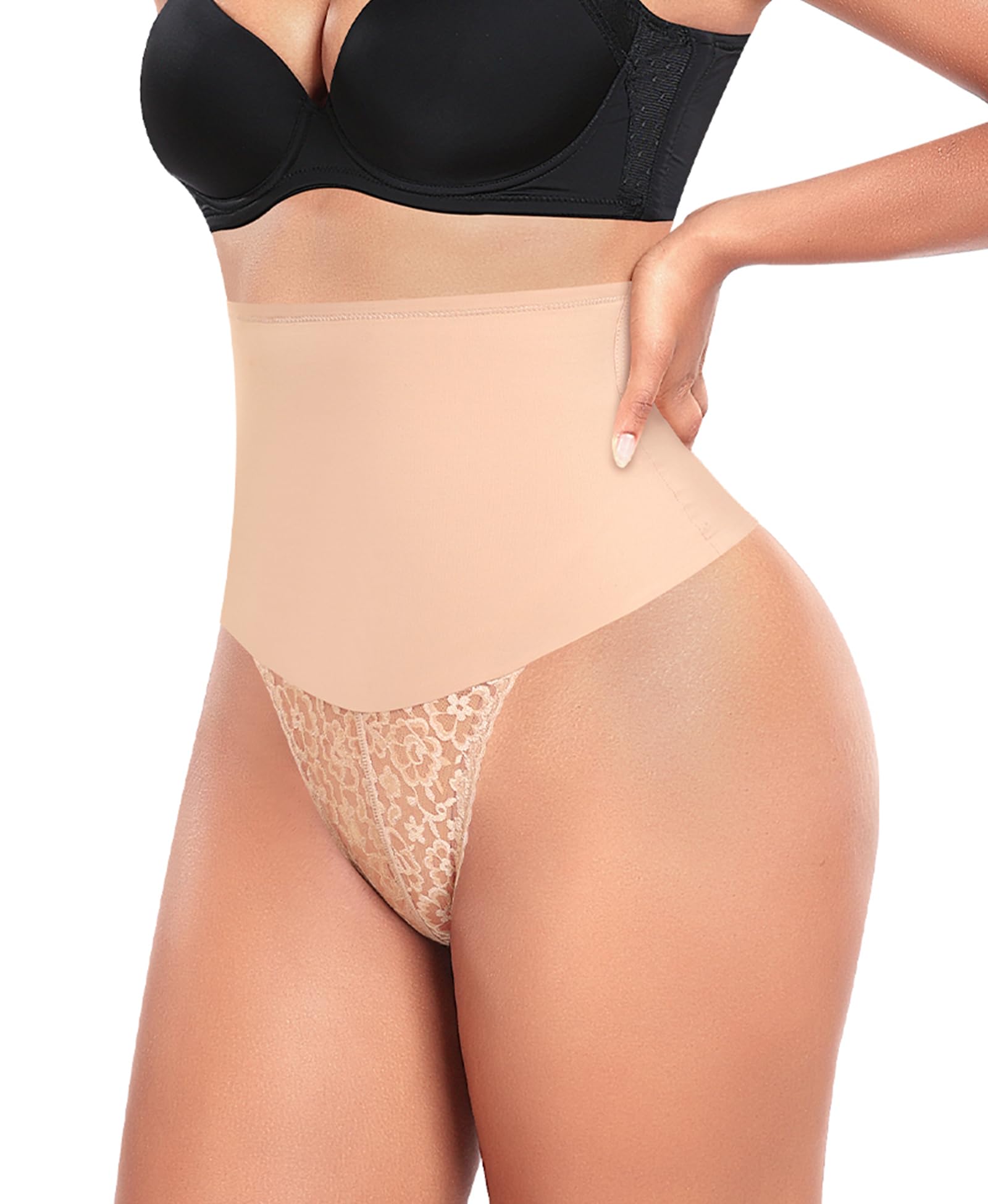 Werena Tummy Control Thong Shapewear for Women Mid High Waisted Body Shaper Underwear Lace Shaping Thong Girdle Panties(#A3 Mid Rise Naked,Large) Beige