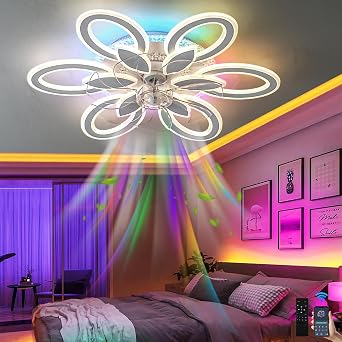 RGB Modern Ceiling Fans with Lights and Remote and App,Flower Living Room Fan Lamp with 6 Speed and Reversible,82w Silent Dimmable Smart Fan Light with Lamps for Bedroom,Kitchen,White
