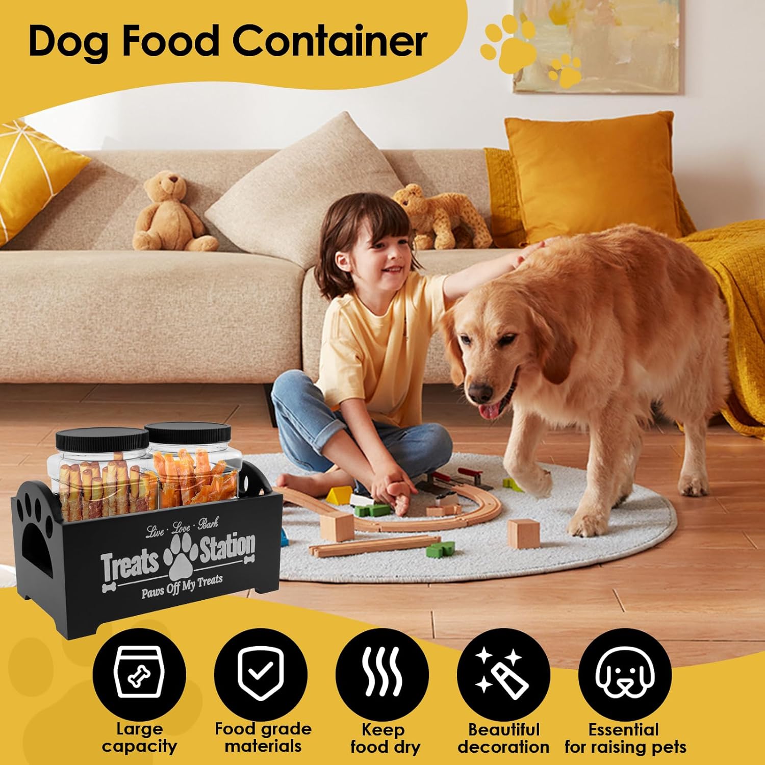 Dog Treat Container Wooden Dog Food Storage Container with 2 Plastic Jars Pet Biscuit Container Farmhouse Cat Treats Canned Organizer Dog Treat Canister and Storage for Pet Owners and Lovers (Black)