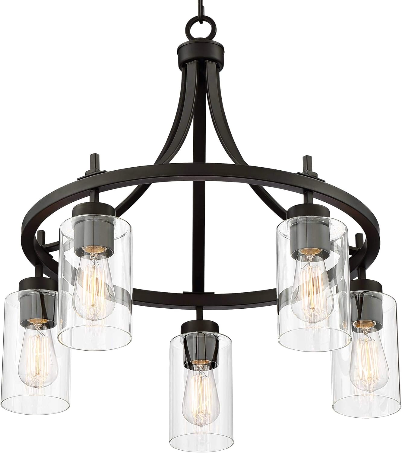 Franklin Iron Works Caleb Bronze Wagon Wheel Pendant Chandelier 23 3/4" Wide Industrial Clear Glass 5-Light Fixture for Dining Room House Foyer Entryway Kitchen Bedroom Living Room High Ceilings