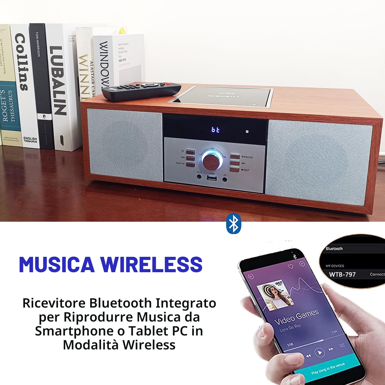 WISCENT Vintage Bluetooth Micro HiFi Systems - Impianto stereo per casa, lettore CD, con streaming audio Bluetooth, radio FM, porta USB, Aux-in, jack per cuffie
