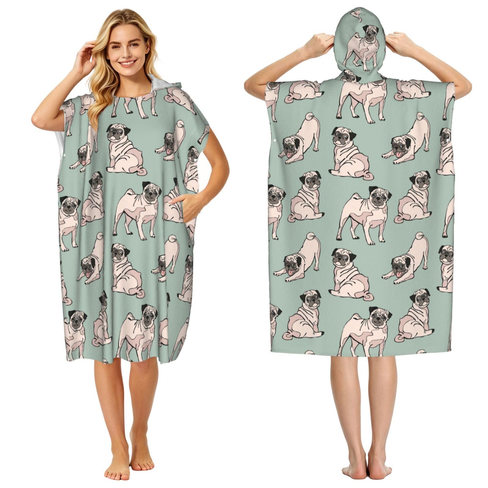 Poadnly Pug Dogs Sitting, Adult Hooded Beach Towel 90 x 110 cm,Changing Bath Robe, Surf Poncho Towel For Women Men