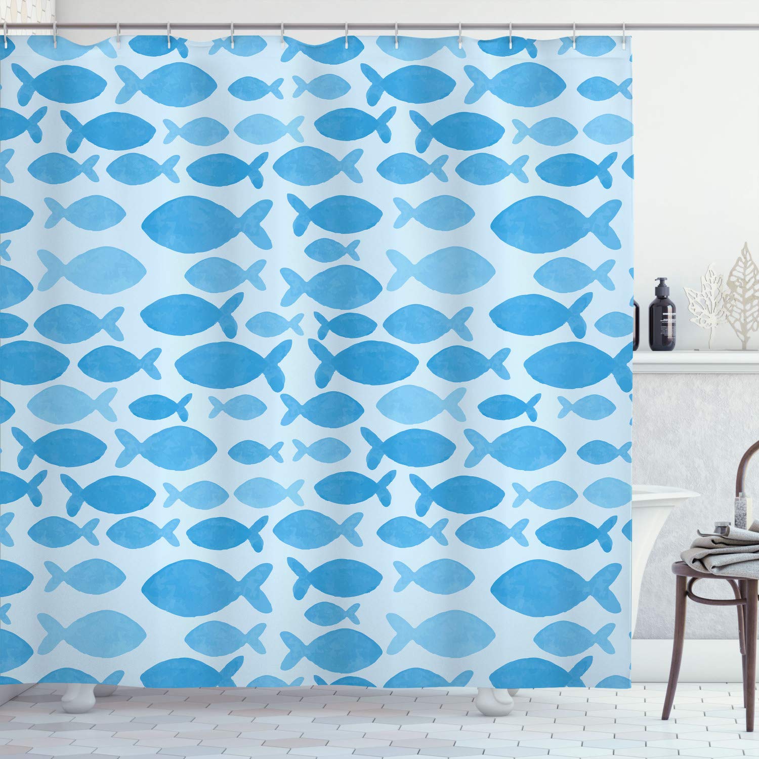 Ambesonne Fish Shower Curtain, Sea Animal in Watercolors Brushstrokes Theme Illustration, Cloth Fabric Bathroom Decor Set with Hooks, 69" W x 70" L,