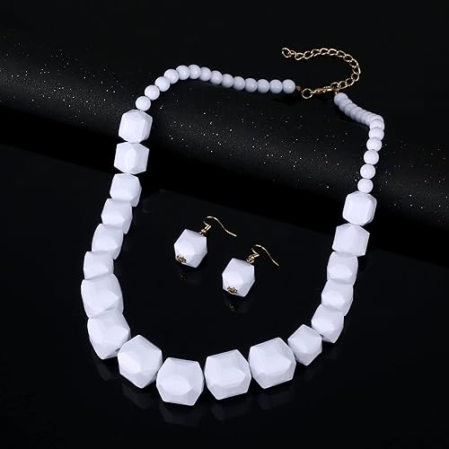 Miniatura 6 de Halawly Collar de cuentas blancas, joyería de acrílico para mujer, collares gruesos con pulsera y aretes colgantes, collar de cuentas africanas