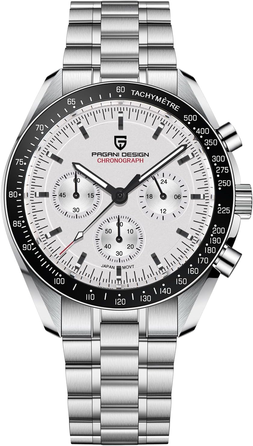Pagani Design 1701 Men's Chronograph Watch White Dial Japanese VK63 Quartz Movement Stainless Steel Strap 100m Waterproof Sports Wristwatch Date