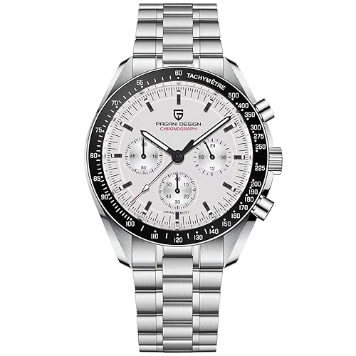 HaiQin Pagani Design 1701 Men's Chronograph Watch White Dial Japanese VK63 Quartz Movement Stainless Steel Strap 100m Waterproof Sports Wristwatch Date